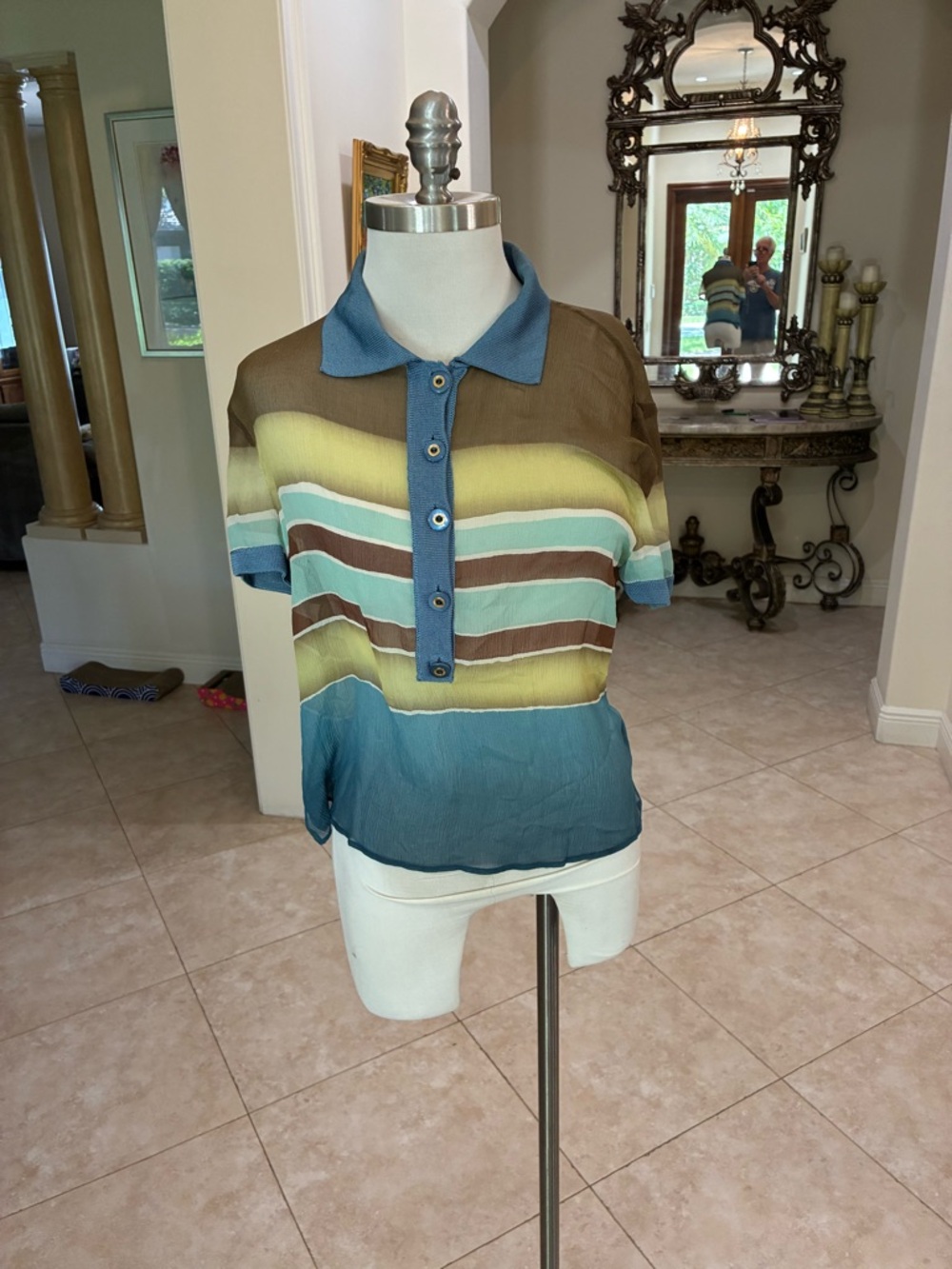 Striped Short-Sleeve Button-Down Polo in Teal, Brown & Yellow